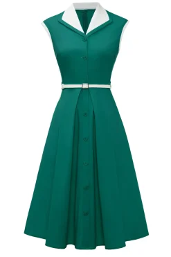 Lapel Neck Green Swing 1950s Vestido com cinto