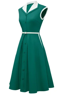 Lapel Neck Green Swing 1950s Vestido com cinto
