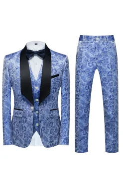 Lapela Azul Clara Jacquard 3 Peças Ternos de Baile de Formatura Masculino