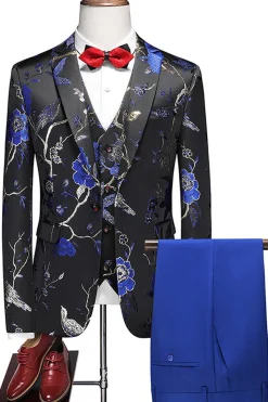 Lapela Azul Notched 3 Peça Jacquard Fatos de Baile de Formatura Masculino