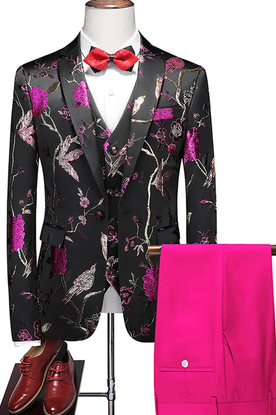 Lapela Azul Notched 3 Peça Jacquard Fatos de Baile de Formatura Masculino
