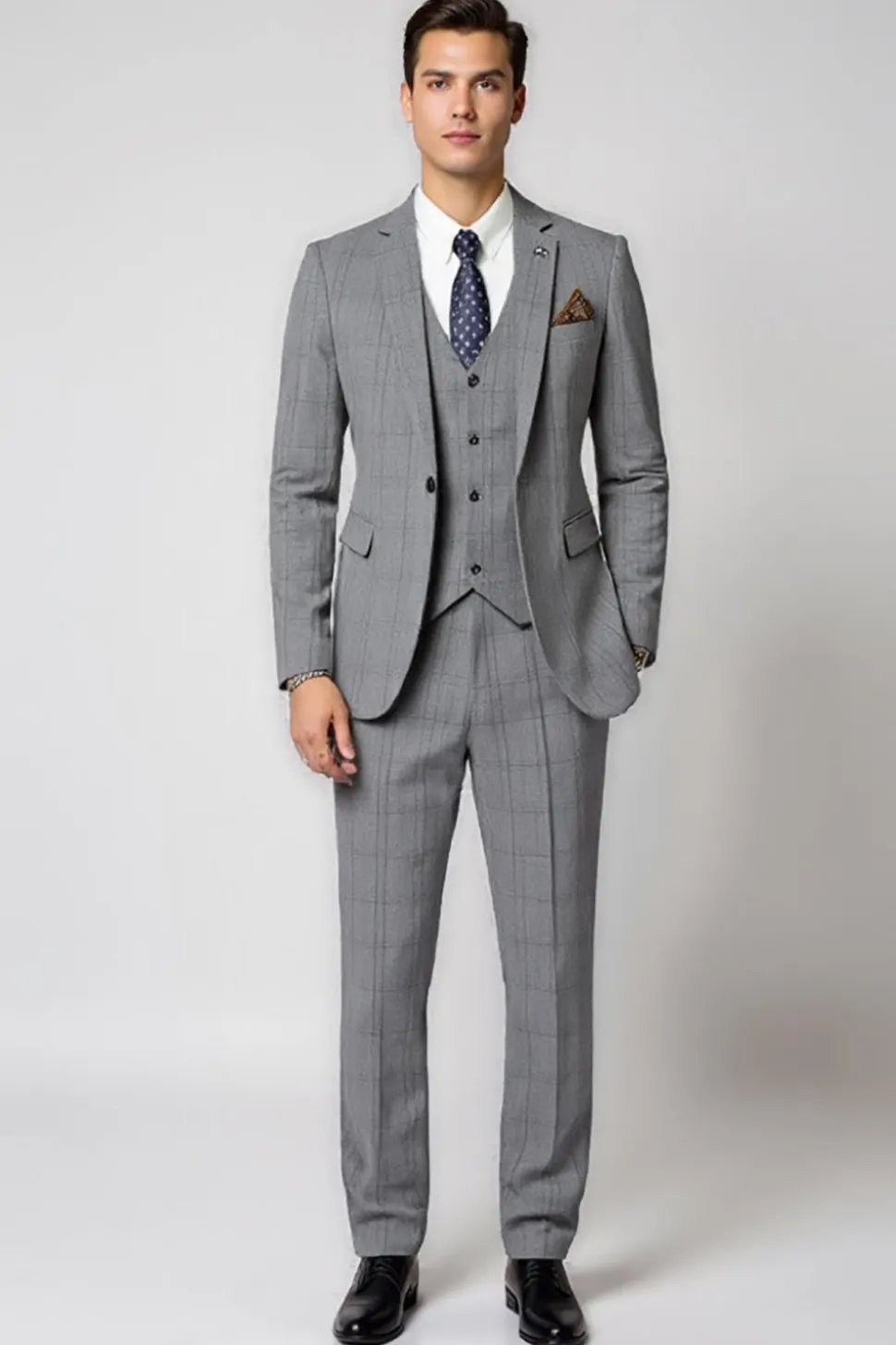 Lapela Cinzenta Notched 3 Piece Single Breasted Slim Fit Fato Homem