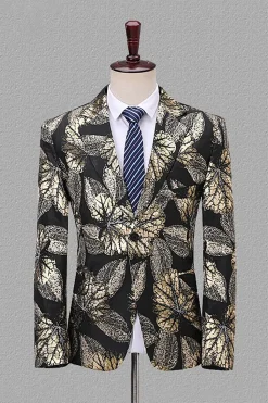 Lapela Entalhada Jacquard Blazer Masculino Preto e Dourado