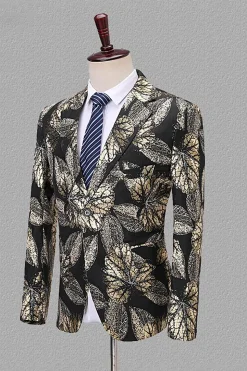 Lapela Entalhada Jacquard Blazer Masculino Preto e Dourado