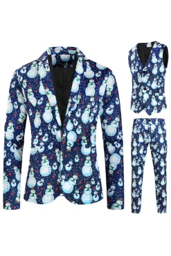 Lapela Notched Um Botão Boneco de Neve Azul Impresso Ternos Masculinos