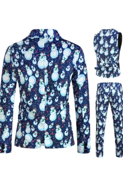 Lapela Notched Um Botão Boneco de Neve Azul Impresso Ternos Masculinos