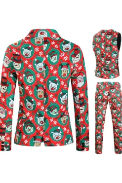 Lapela Notched Um Botão Papai Noel Impresso Ternos Masculinos Vermelhos