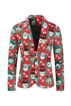 Lapela Notched Um Botão Papai Noel Impresso Ternos Masculinos Vermelhos