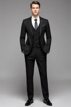 Lapela Preto 3-Pieces Mangas Compridas Slim Fit Fato Homem