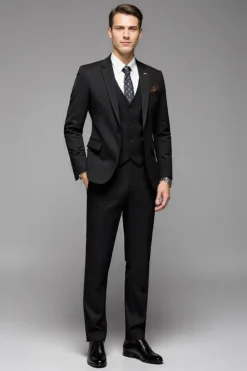 Lapela Preto 3-Pieces Mangas Compridas Slim Fit Fato Homem