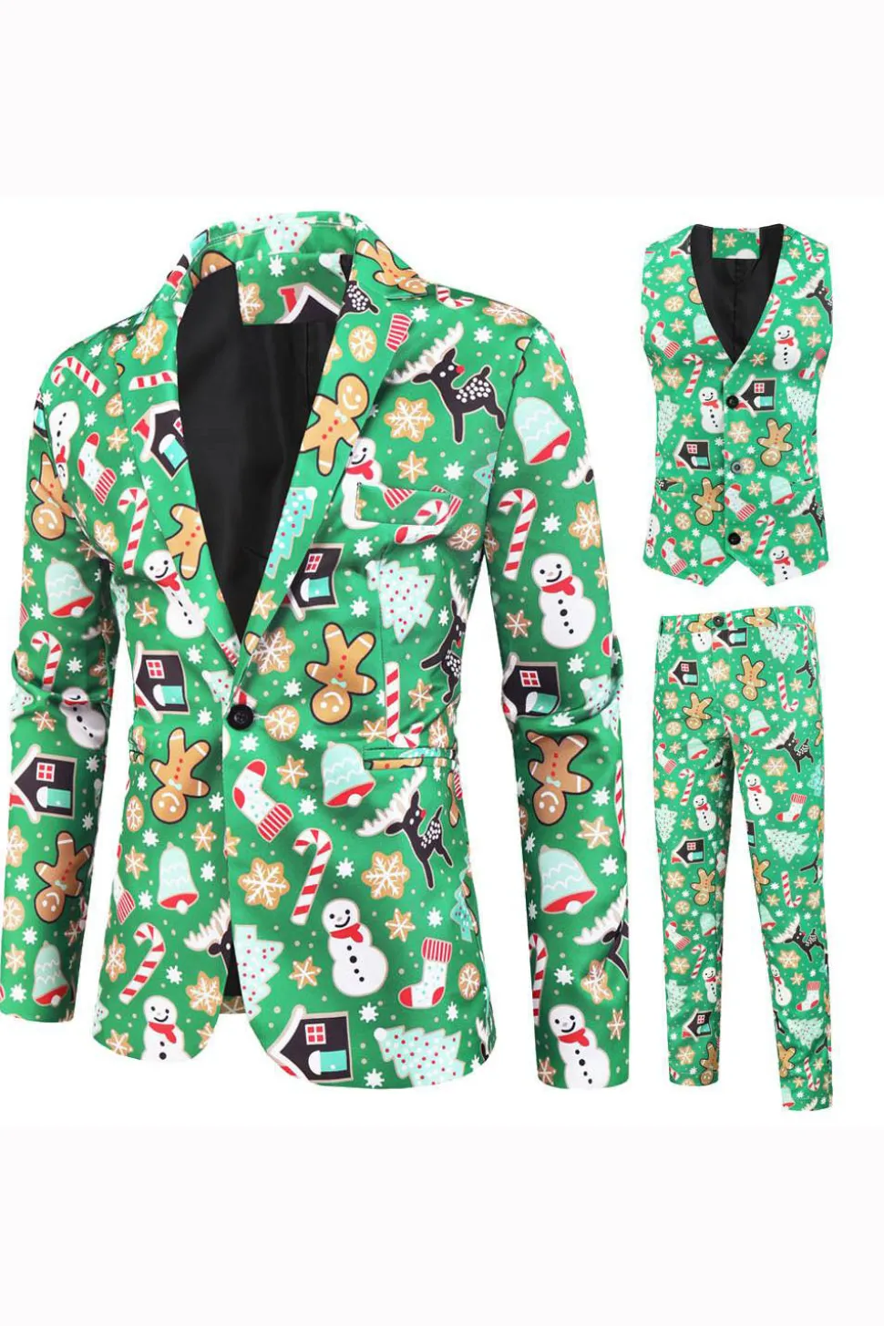 Lapela Verde Notched Impresso 3 Peças Natal Ternos Masculinos