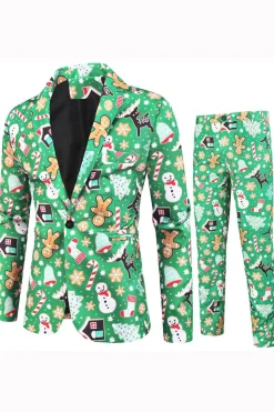Lapela Verde Notched Impresso 3 Peças Natal Ternos Masculinos