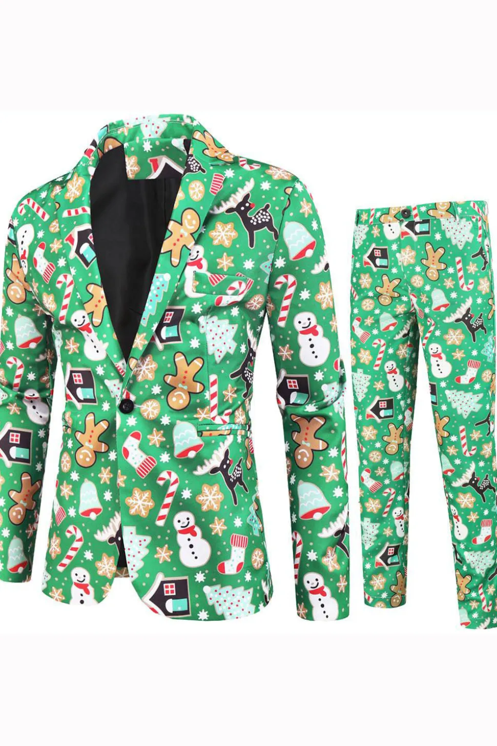Lapela Verde Notched Impresso 3 Peças Natal Ternos Masculinos