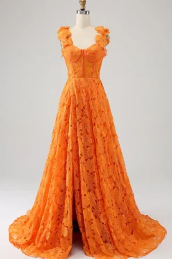 Laranja A-Line Floral Renda Long Prom Dress