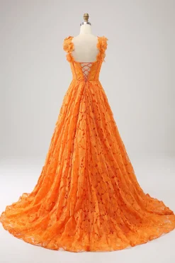 Laranja A-Line Floral Renda Long Prom Dress