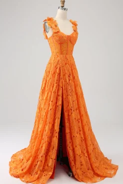 Laranja A-Line Floral Renda Long Prom Dress