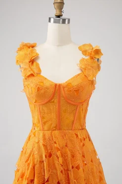 Laranja A-Line Floral Renda Long Prom Dress