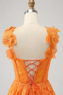 Laranja A-Line Floral Renda Long Prom Dress