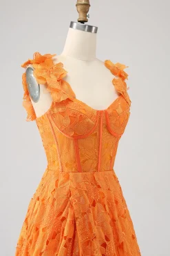 Laranja A-Line Floral Renda Long Prom Dress