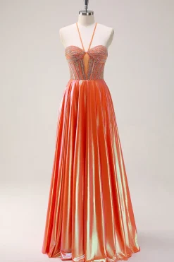 Laranja brilhante A-Line Halter frisado metalizado longo vestido de baile com frisos