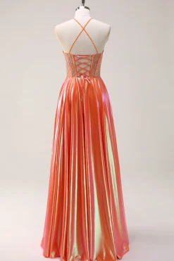 Laranja brilhante A-Line Halter frisado metalizado longo vestido de baile com frisos