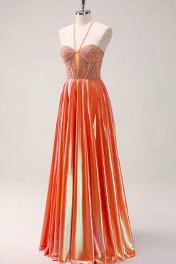 Laranja brilhante A-Line Halter frisado metalizado longo vestido de baile com frisos