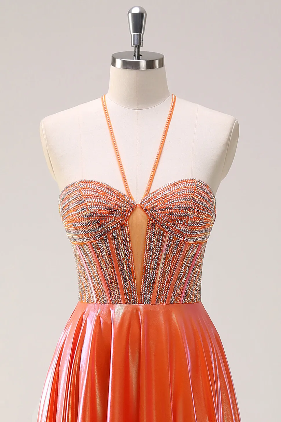 Laranja brilhante A-Line Halter frisado metalizado longo vestido de baile com frisos