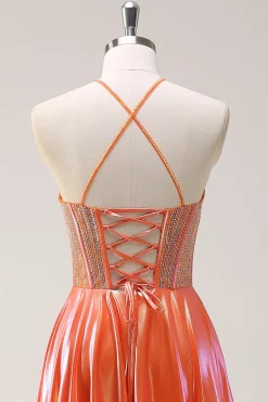 Laranja brilhante A-Line Halter frisado metalizado longo vestido de baile com frisos