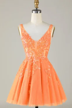 Laranja Brilhante Uma Linha Glitter Homecoming Dress com Sequins