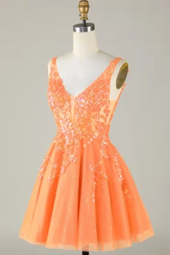 Laranja Brilhante Uma Linha Glitter Homecoming Dress com Sequins