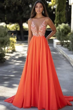 Laranja Chiffon Esparguete Correias A-Line Long Prom Dress com Apliques de Renda