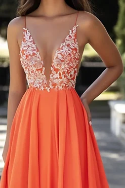 Laranja Chiffon Esparguete Correias A-Line Long Prom Dress com Apliques de Renda