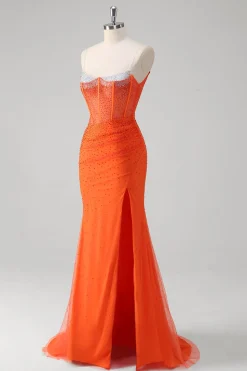 Laranja Esparguete Correias Frisado Corset Sereia Vestido de Baile
