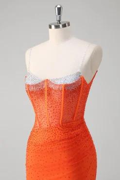 Laranja Esparguete Correias Frisado Corset Sereia Vestido de Baile