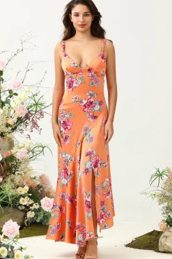 Laranja Floral Assimétrico Boho Vestido de Dama de Honra