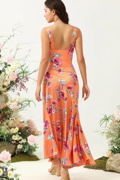 Laranja Floral Assimétrico Boho Vestido de Dama de Honra