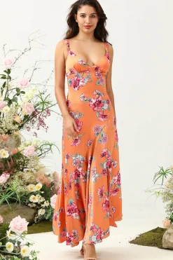 Laranja Floral Assimétrico Boho Vestido de Dama de Honra