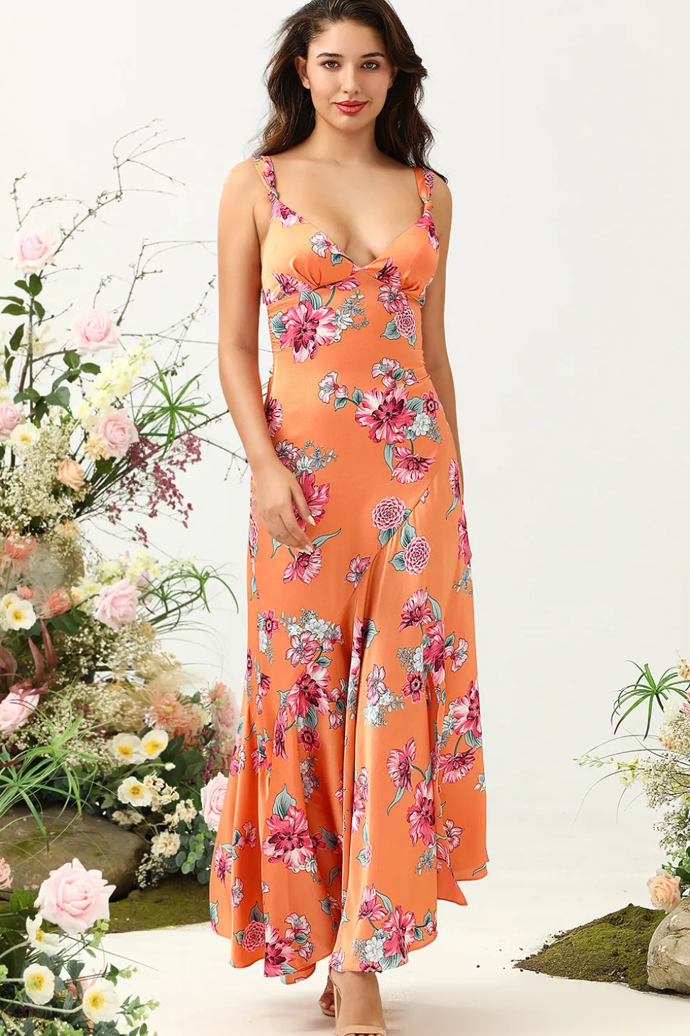 Laranja Floral Assimétrico Boho Vestido de Dama de Honra