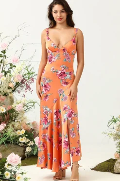 Laranja Floral Assimétrico Boho Vestido de Dama de Honra