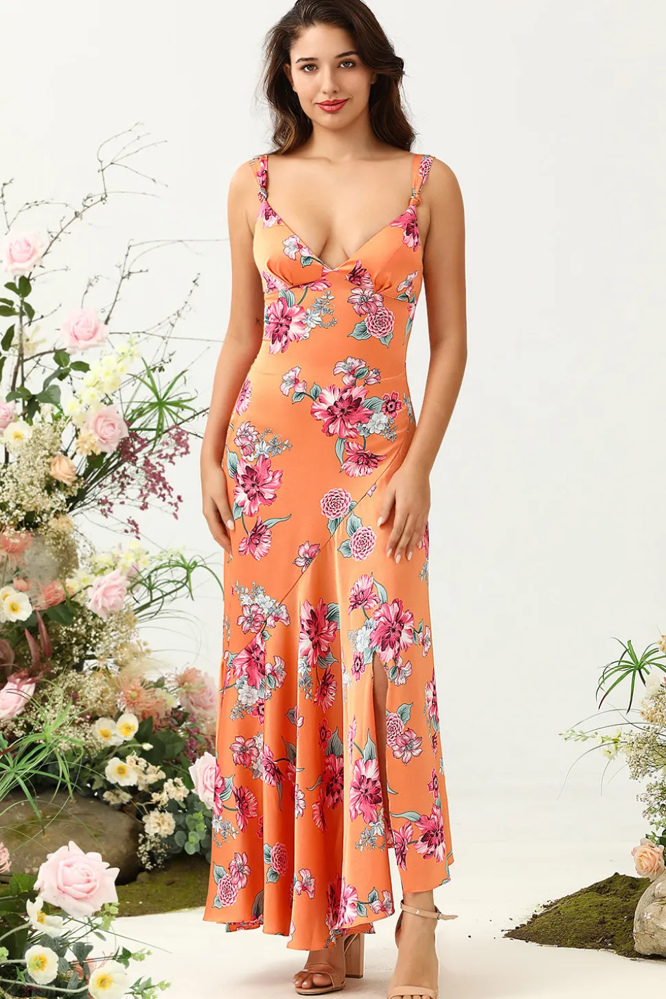 Laranja Floral Assimétrico Boho Vestido de Dama de Honra