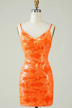 Laranja Glitter Tight Homecoming Vestido com Backless