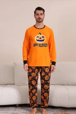 Laranja Halloween manga longa família combinando conjunto de pijama