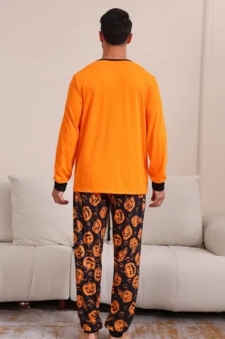 Laranja Halloween manga longa família combinando conjunto de pijama