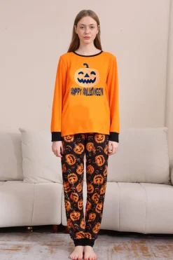 Laranja Halloween manga longa família combinando conjunto de pijama