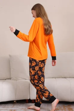 Laranja Halloween manga longa família combinando conjunto de pijama