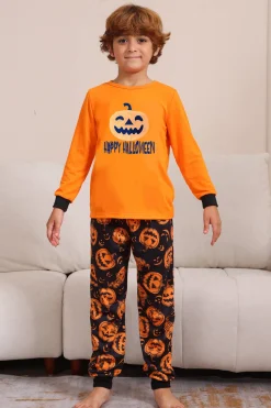 Laranja Halloween manga longa família combinando conjunto de pijama