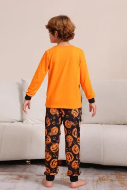 Laranja Halloween manga longa família combinando conjunto de pijama