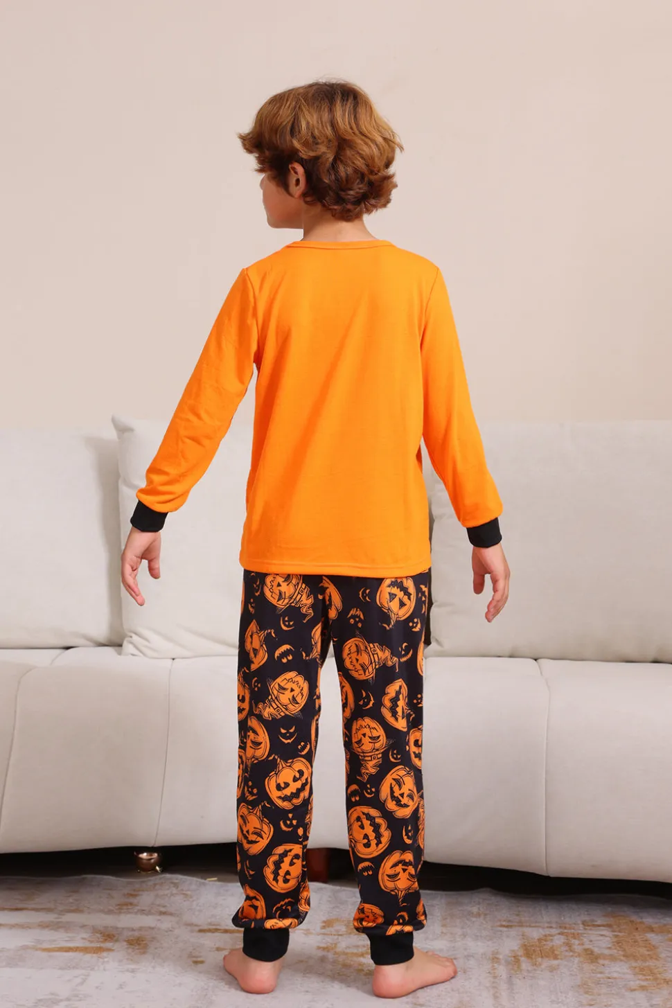 Laranja Halloween manga longa família combinando conjunto de pijama
