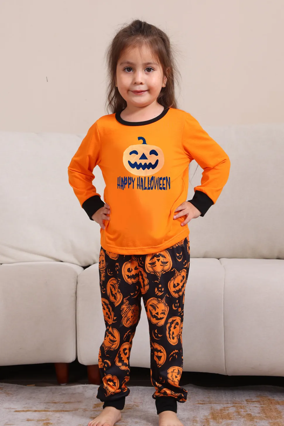 Laranja Halloween manga longa família combinando conjunto de pijama