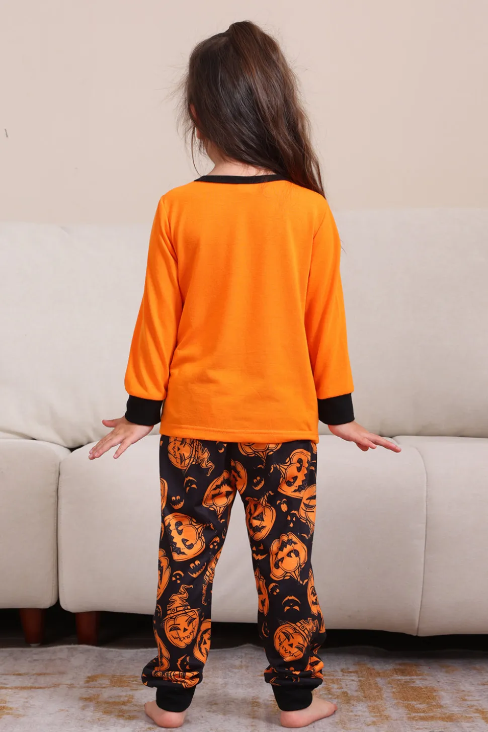 Laranja Halloween manga longa família combinando conjunto de pijama